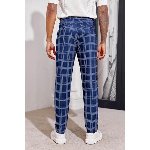 🆕 Men Blue Slim Fit Pants Flat Front Stretch Skinny Tapered Casual Trousers - Picture 3 of 6